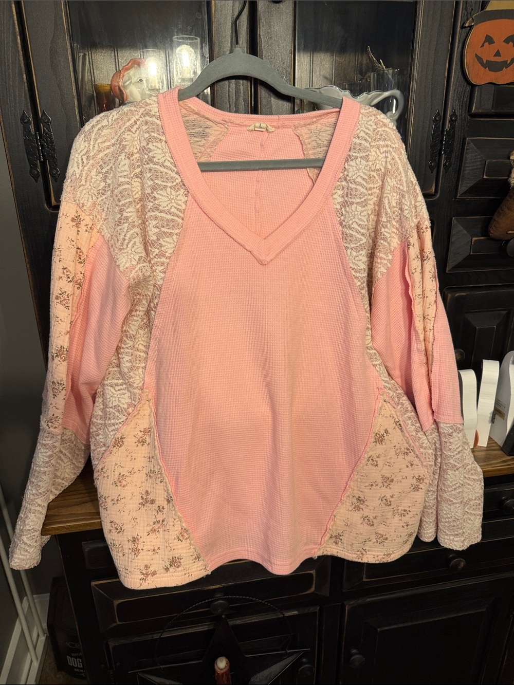 POL Pink Patchwork V-Neck Sweatshirt